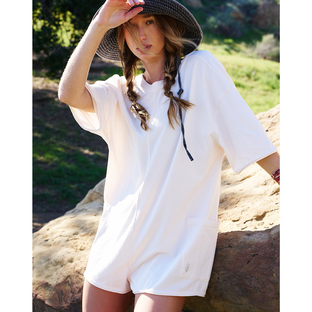 NEW FREE PEOPLE FP MOVEMENT BLEACHED CLAY IVORY HOT SHOT TEE ONE PIECE ROMPER S